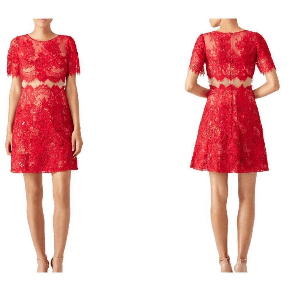 Marchesa Notte Red Diane Dress Lace & Sequin Overlay Sheer Midriff Size 2